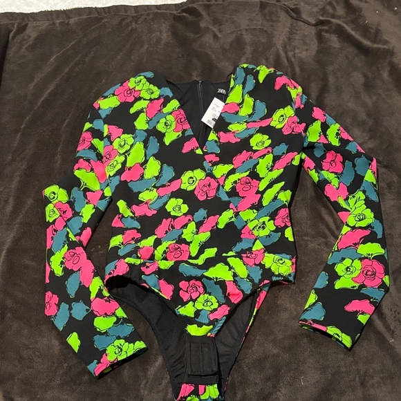 Zara Floral V-Neck Bodysuit - Black, Pink, Green - Picture 2 of 7